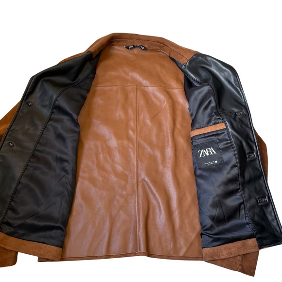 Zara Mens Jacket XL Brown Faux‎ Suede Black Trim Button Front Collared Coat - Picture 7 of 10